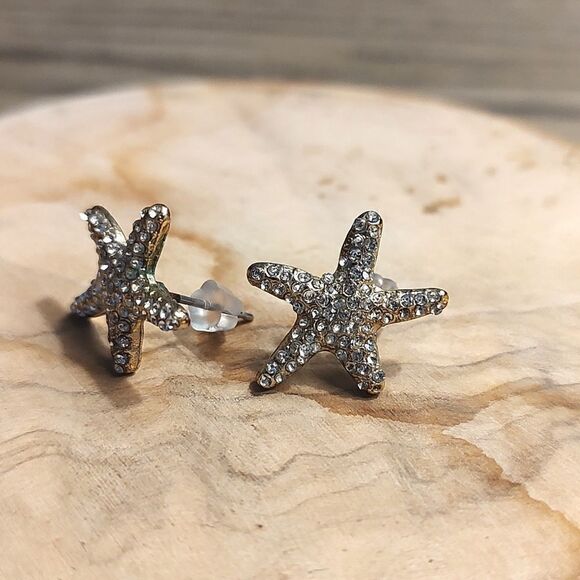 Gold Tone Rhinestone Sparkle Sea Star Pierced Earrings - Picture 3 of 11